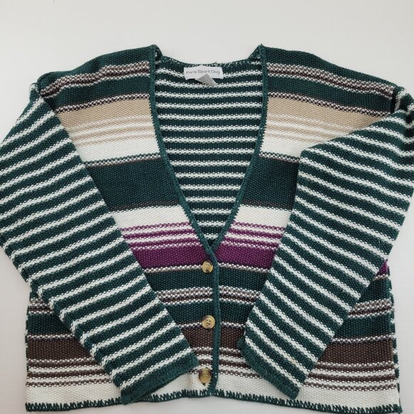VTG Paris Sport Club Cardigan Sweater Women's S Green Stripe Ramie Cotton EUC - Picture 13 of 16